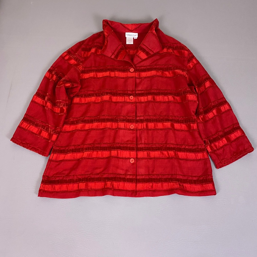 Coldwater Creek Blouse Top Large Red Textured Stripe Button Front 3/4 Sleeve